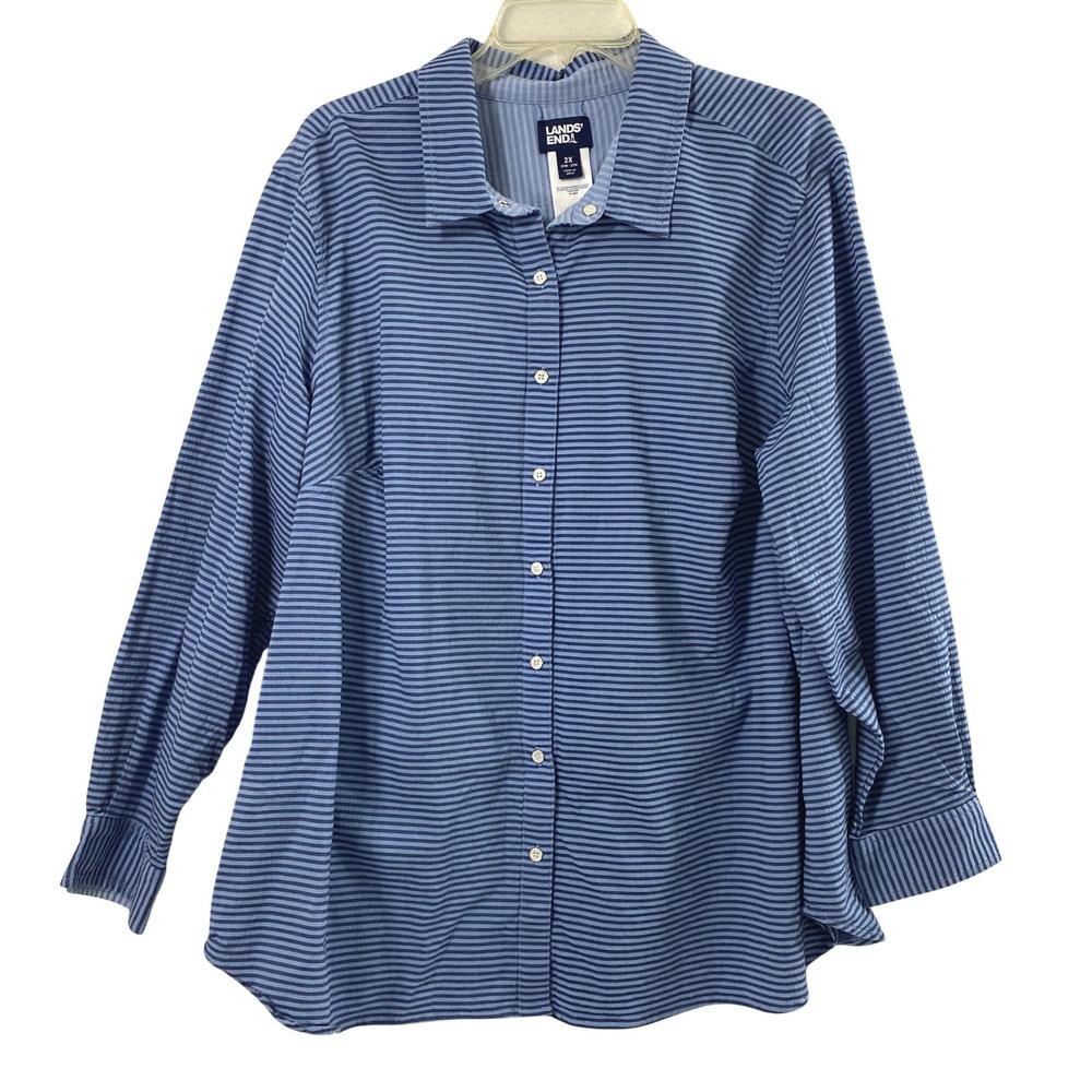 Lands End Shirt Women 2X Blue Striped Snap Front Long Sleeve Coastal Comfy Top
